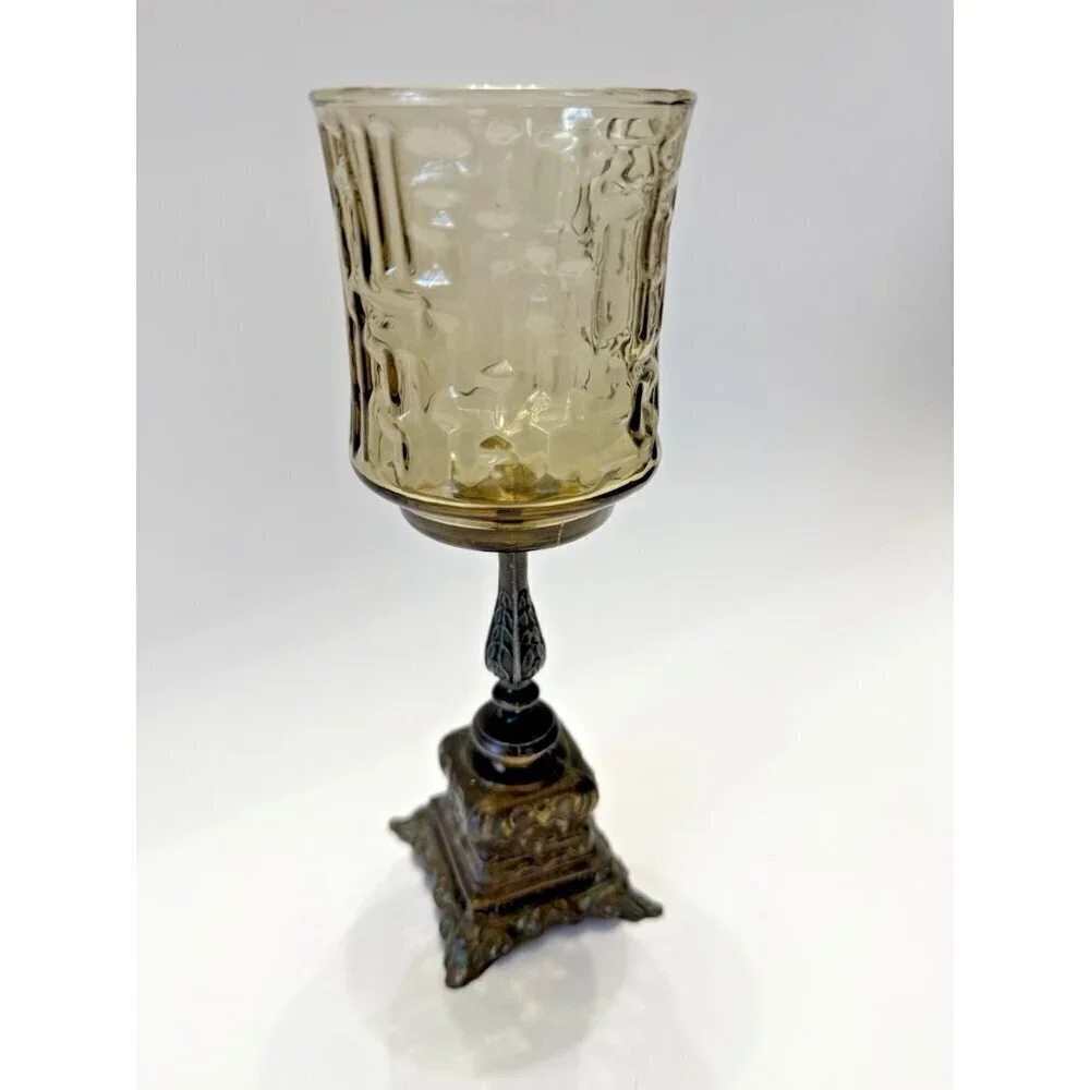 Smoke Tree Bark Brass & Glass Candle Holder Chalice 8 inch Tall 2 5/8 Rim to Rim